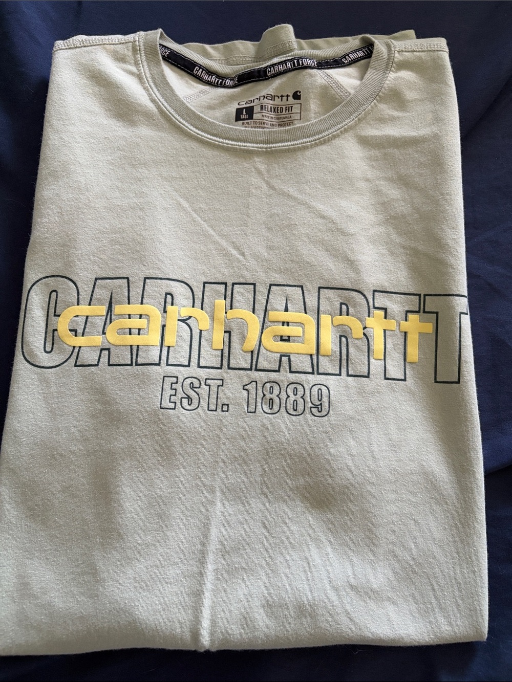 Carhartt Sage Green Short Sleeve Logo Tee with Yellow Accent